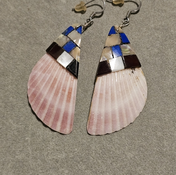 Santo Domingo Shell Lapis Lazuli Inlay Drop Earrings Native American Vintage S - Picture 5 of 8